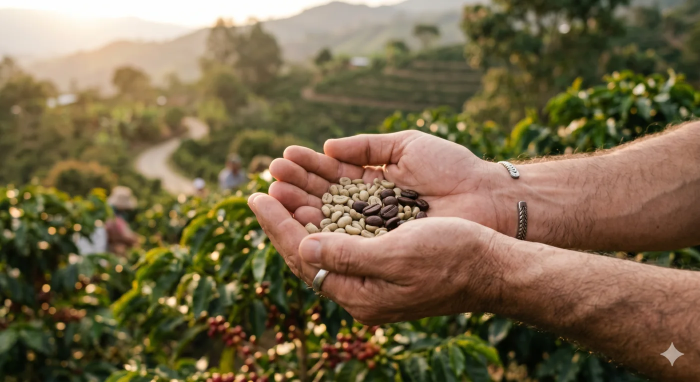 Hands holding coffee beans in a highland plantation