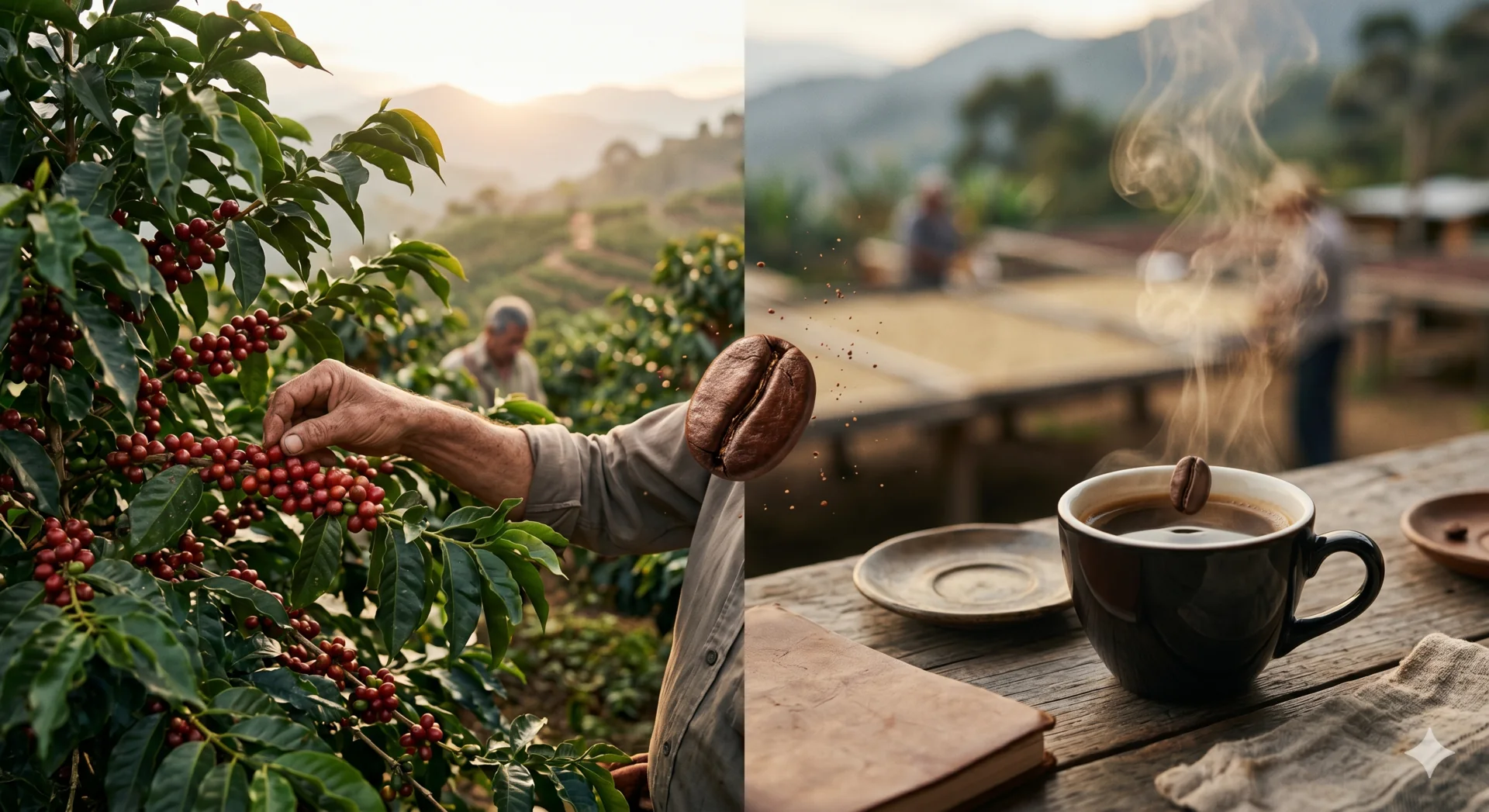 Coffee plantation — lush green hills, from bean to cup