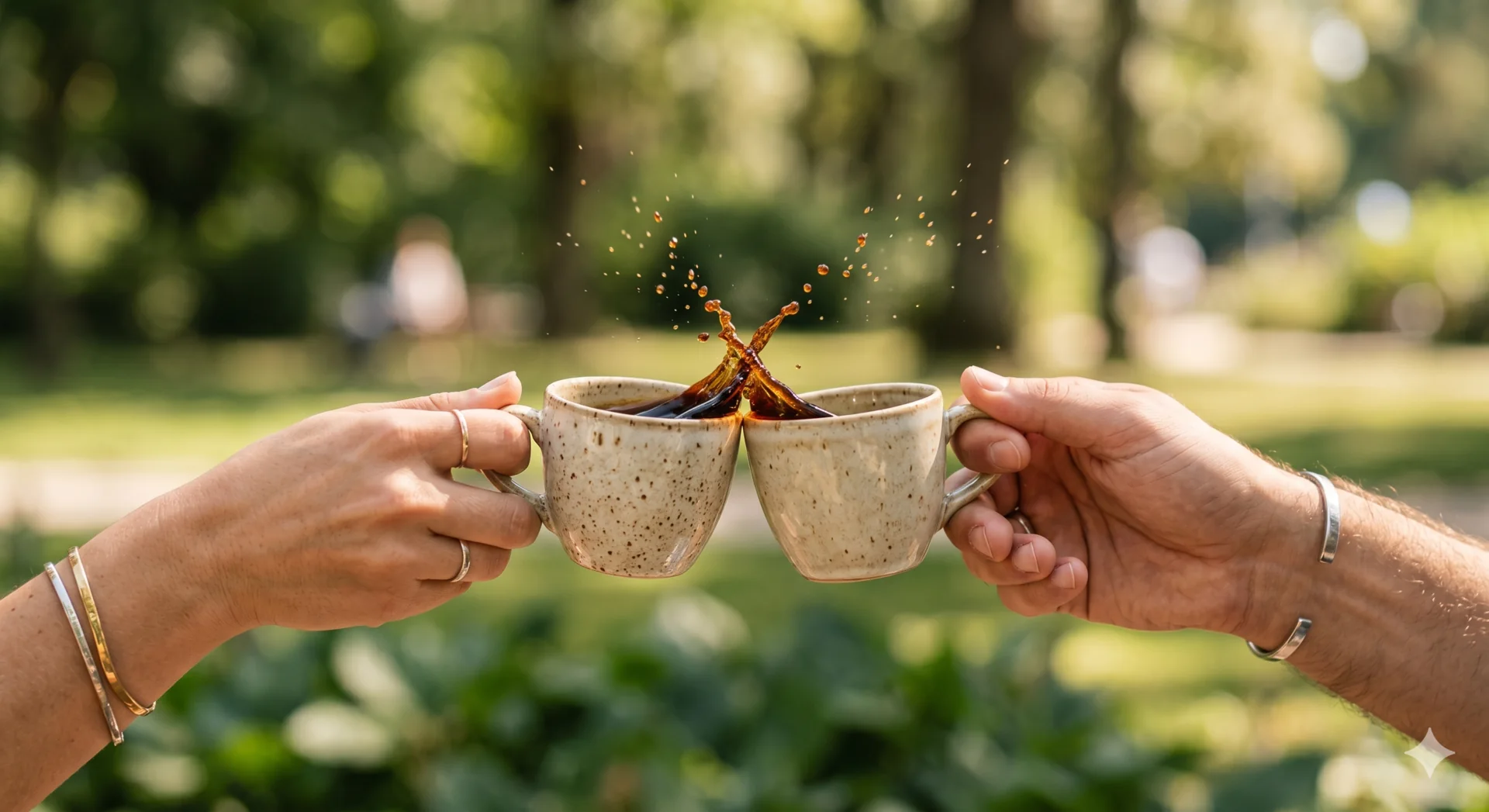 Two coffee cups clinking in a sunny park