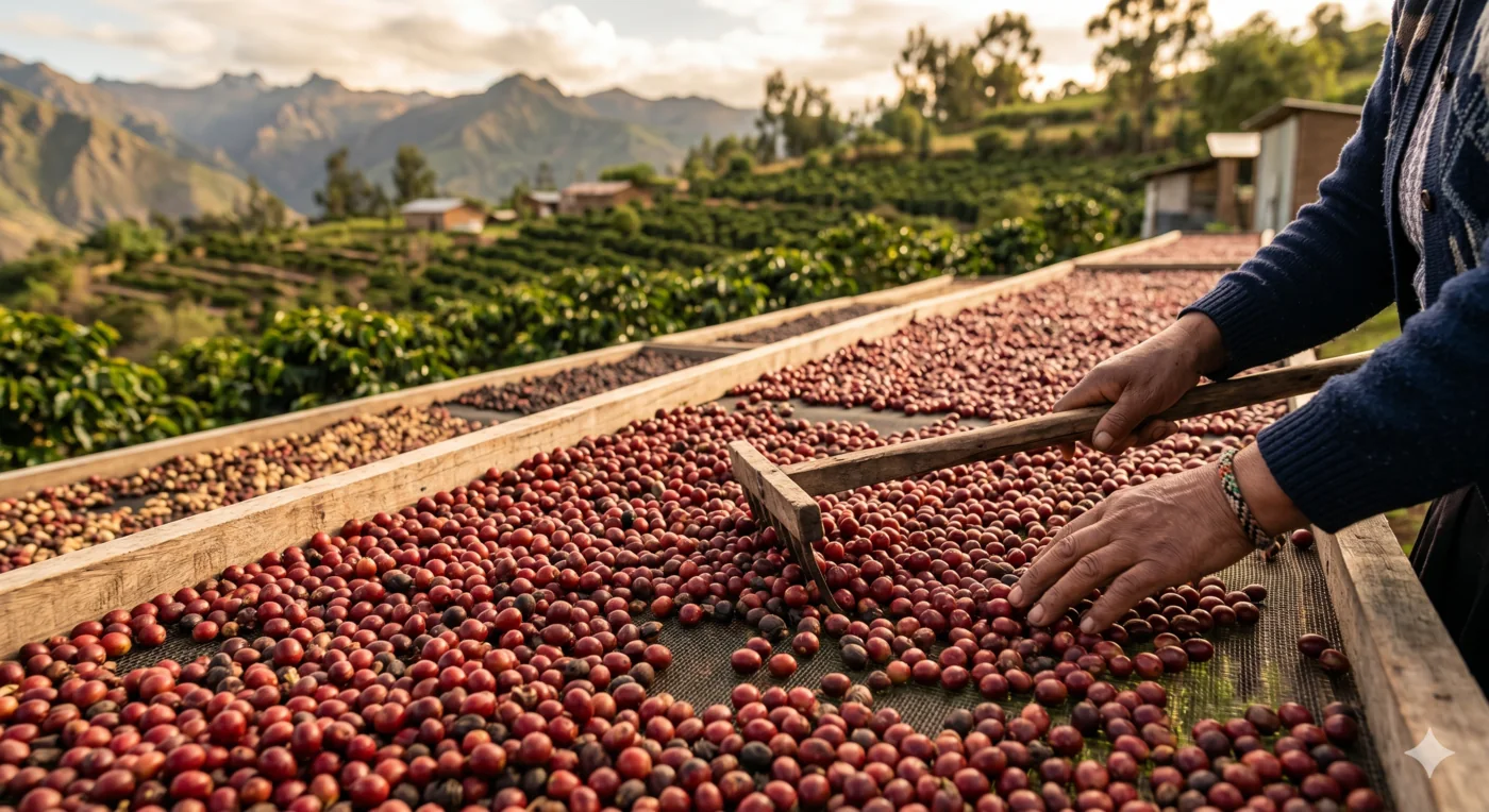 Coffee cherries being sorted on raised drying beds in highland plantation