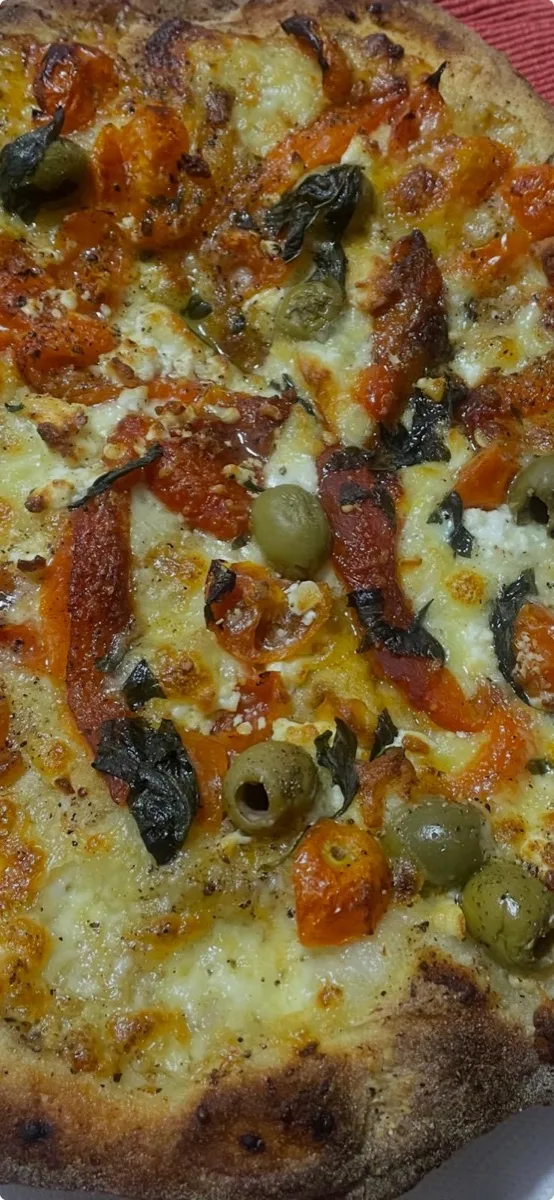 Artisan pizza with tomato, mozzarella and olives