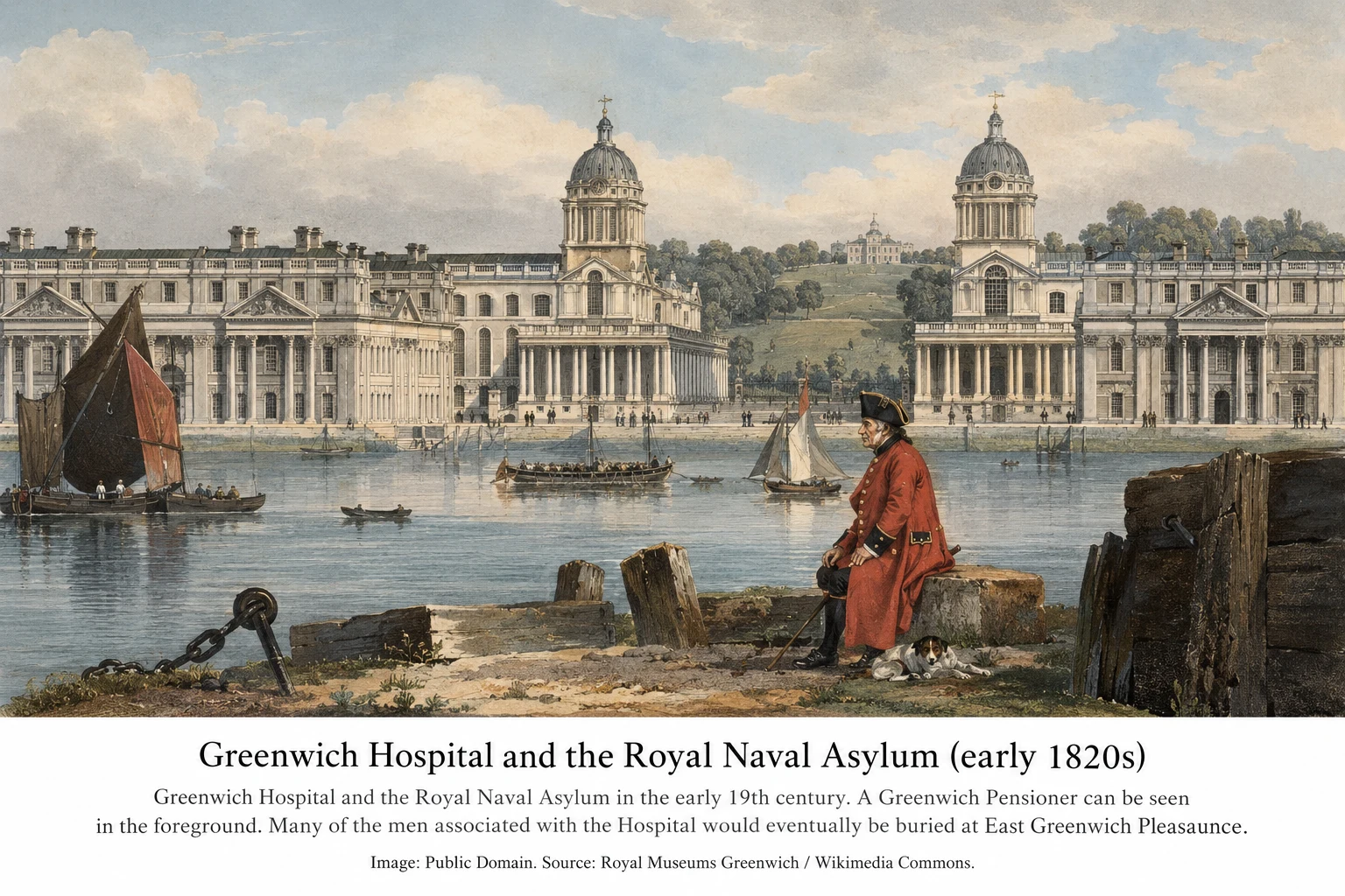 Greenwich Hospital and the Royal Naval Asylum in the early 1820s, with a Greenwich Pensioner in the foreground