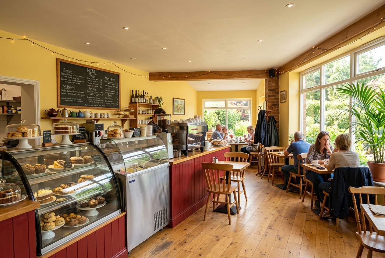 Photorealistic visualisation of the finished sample café in a warm, homely style with red counter fronts, yellow walls and wooden chairs