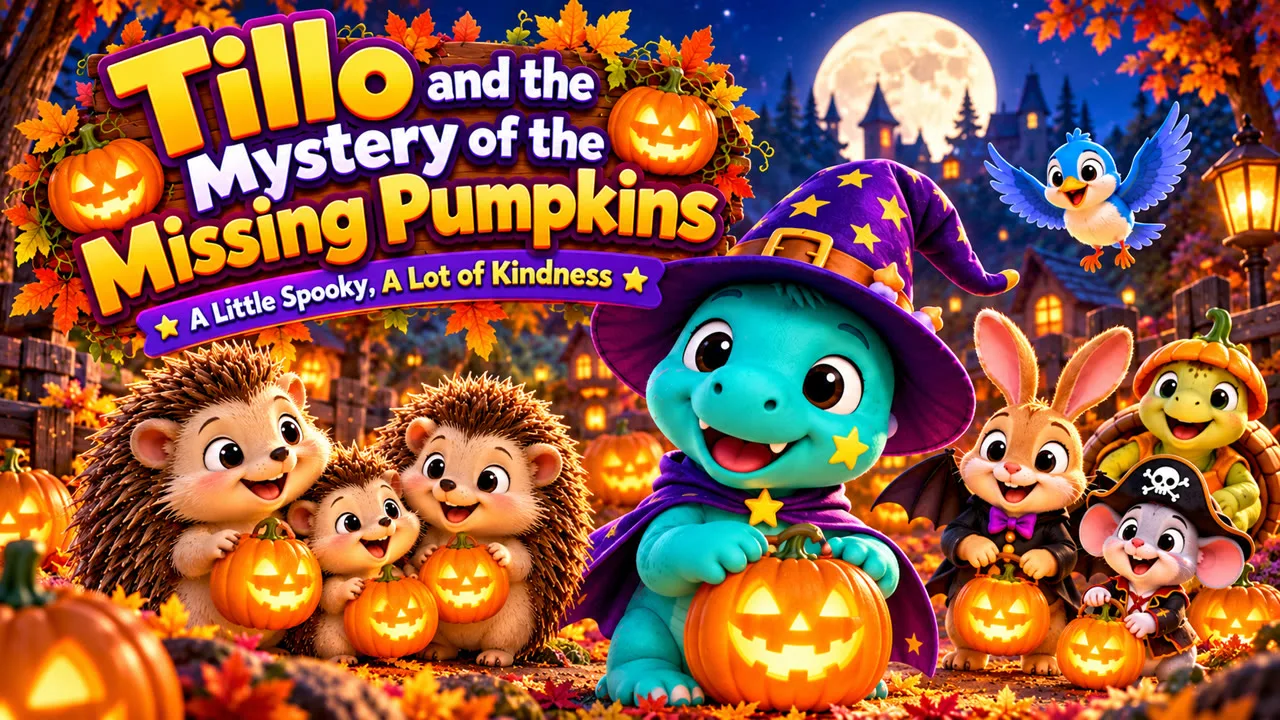 Tillo the Storysaur and his friends holding glowing pumpkins in Tillo and the Mystery of the Missing Pumpkins