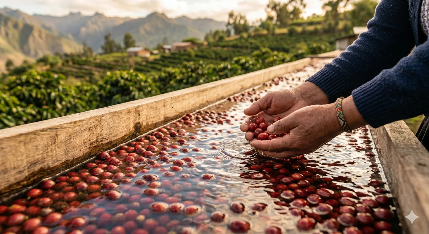 Coffee cherries floating in water washing channel — highland plantation